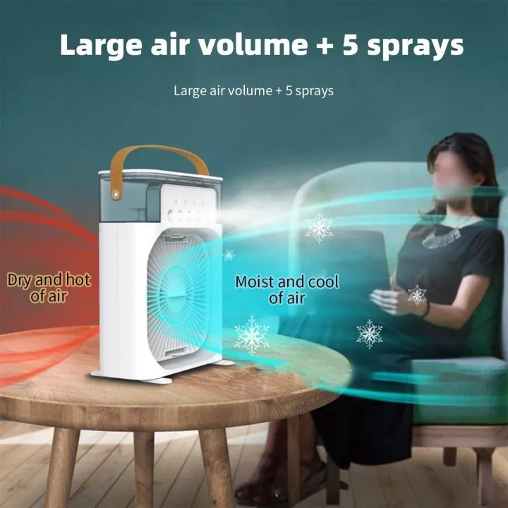 Portable Air Cooler & Conditioner Mist Fan, 3-in-1 Mini AC Fan with Ice & Humidifier, LED Lights, Small Desktop Cooling Fan for Office & Home.