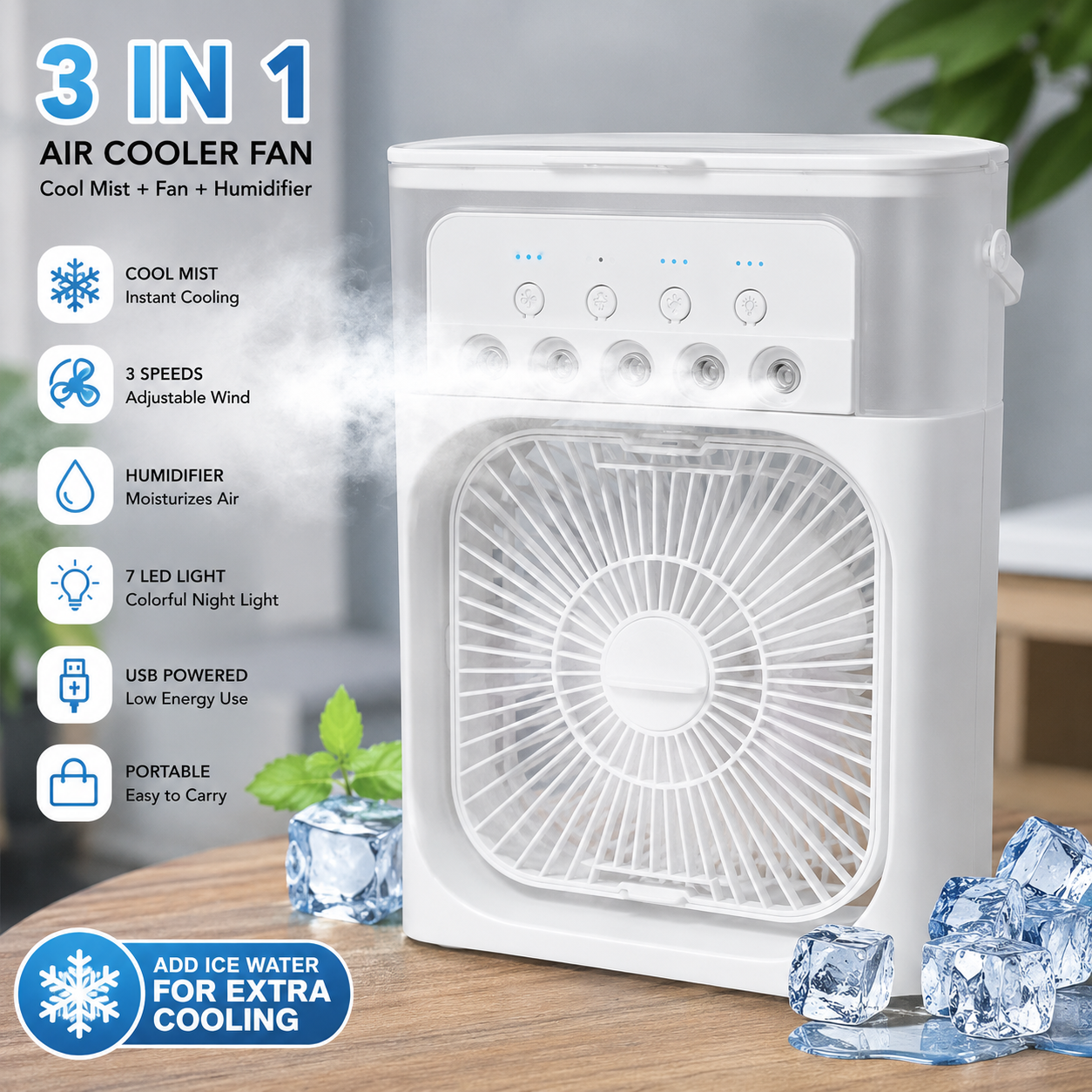Portable Air Cooler & Conditioner Mist Fan, 3-in-1 Mini AC Fan with Ice & Humidifier, LED Lights, Small Desktop Cooling Fan for Office & Home.