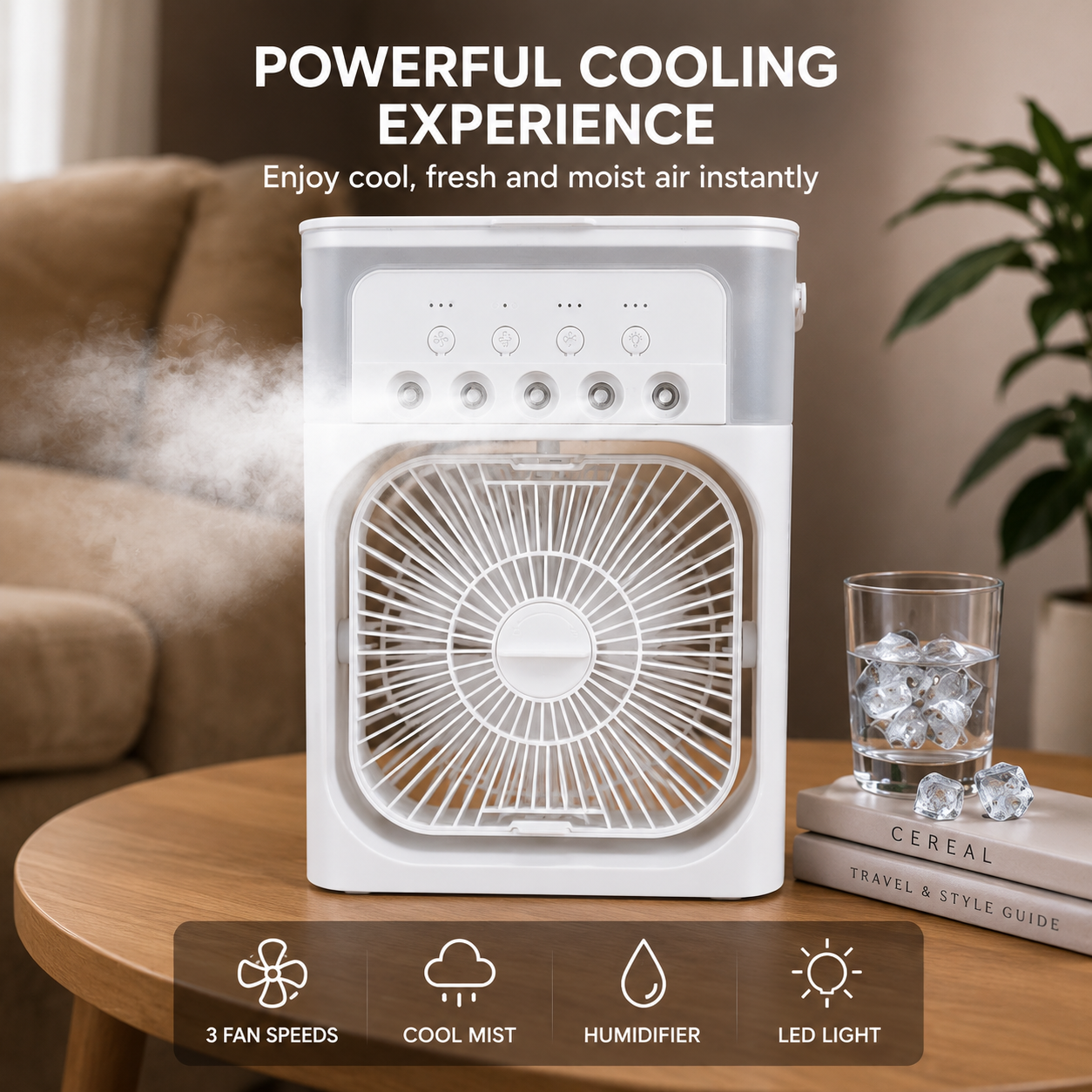 Portable Air Cooler & Conditioner Mist Fan, 3-in-1 Mini AC Fan with Ice & Humidifier, LED Lights, Small Desktop Cooling Fan for Office & Home.