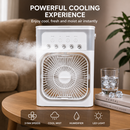 Portable Air Cooler & Conditioner Mist Fan, 3-in-1 Mini AC Fan with Ice & Humidifier, LED Lights, Small Desktop Cooling Fan for Office & Home.