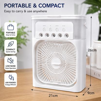 Portable Air Cooler & Conditioner Mist Fan, 3-in-1 Mini AC Fan with Ice & Humidifier, LED Lights, Small Desktop Cooling Fan for Office & Home.