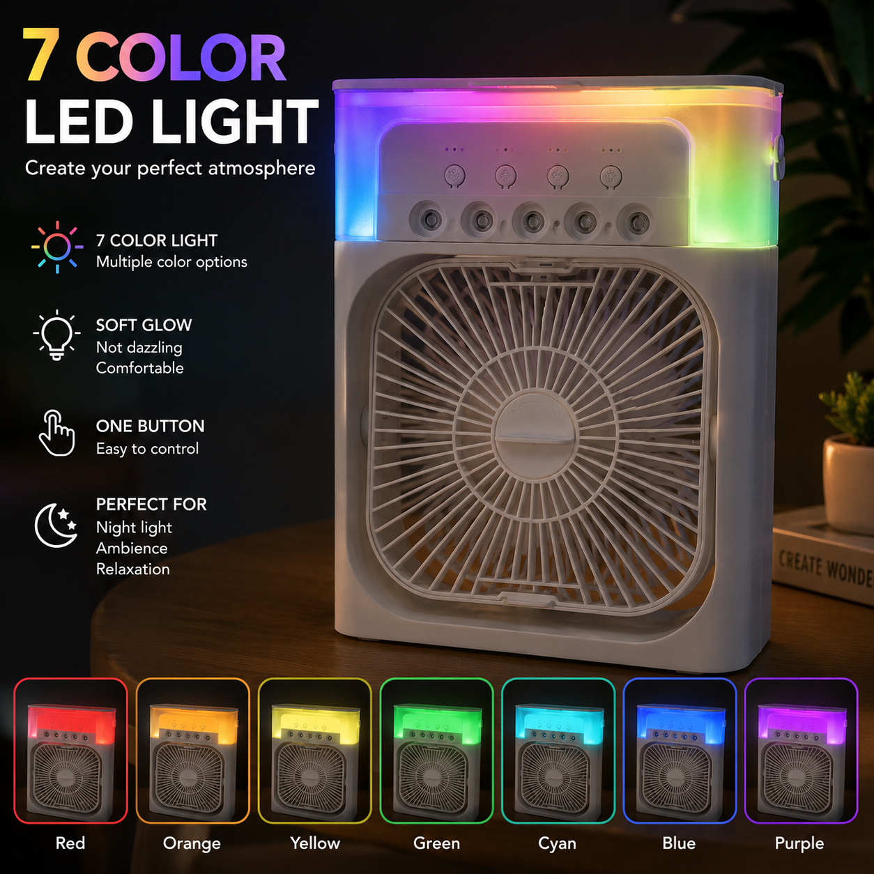 Portable Air Cooler & Conditioner Mist Fan, 3-in-1 Mini AC Fan with Ice & Humidifier, LED Lights, Small Desktop Cooling Fan for Office & Home.