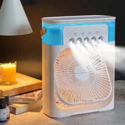 Portable Air Cooler & Conditioner Mist Fan, 3-in-1 Mini AC Fan with Ice & Humidifier, LED Lights, Small Desktop Cooling Fan for Office & Home.