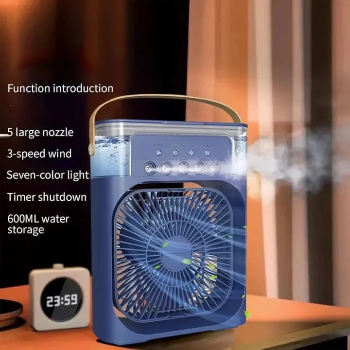 Portable Air Cooler & Conditioner Mist Fan, 3-in-1 Mini AC Fan with Ice & Humidifier, LED Lights, Small Desktop Cooling Fan for Office & Home.