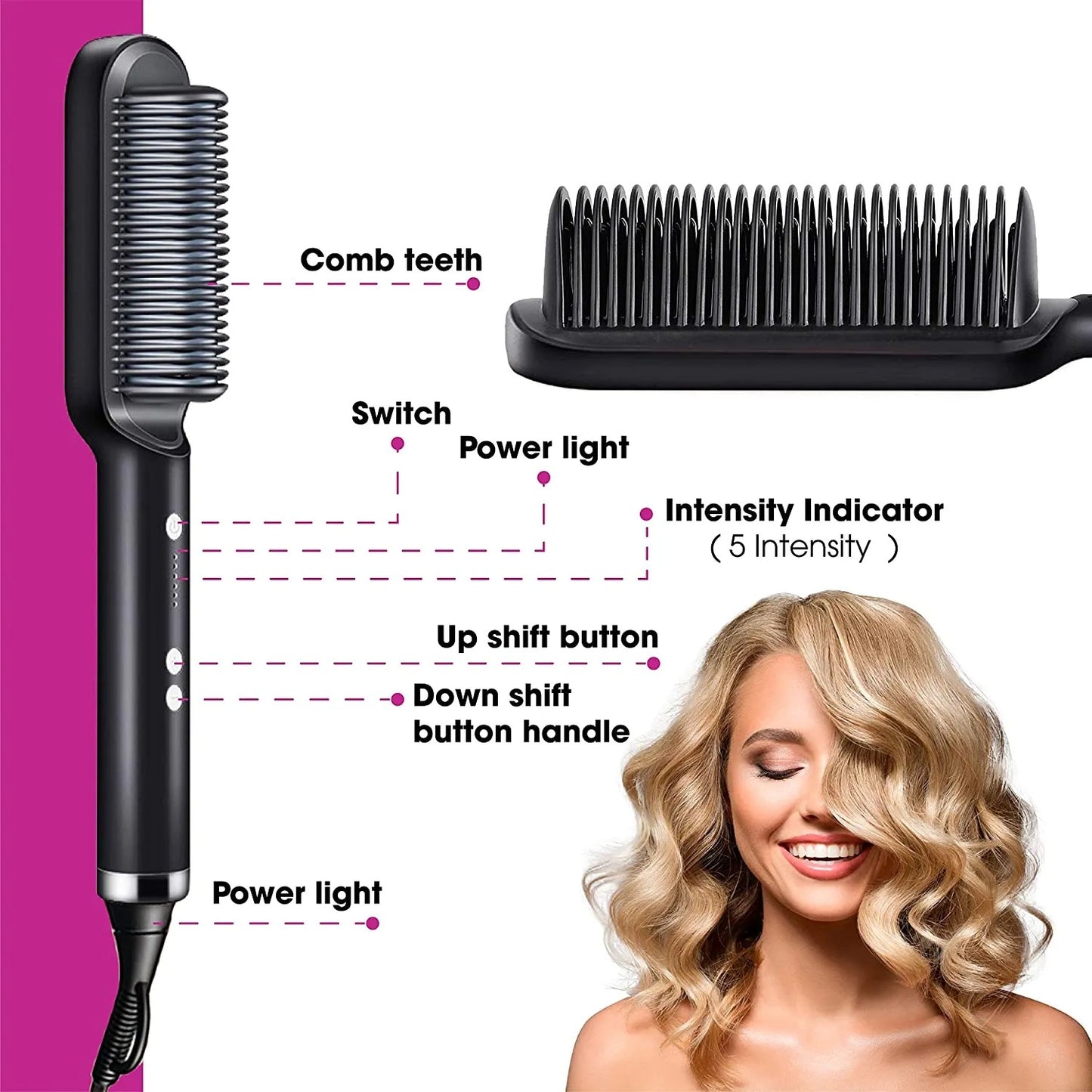 2 in 1 Electric Hair Straightener Curler Heating Styling Comb Straightening Brush, Electric Hair Straightener Brush 909, Fast Heating Ceramic Hair Styling Brush for Women & Men, Sleek & Shiny Hair