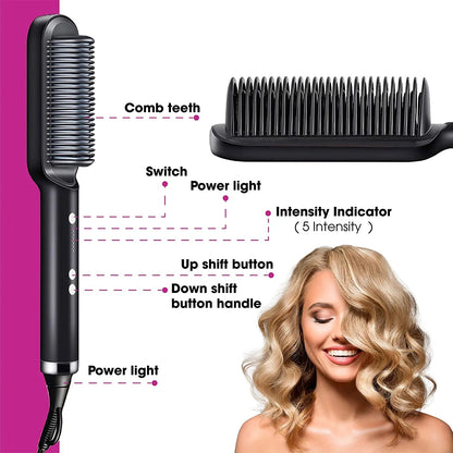 2 in 1 Electric Hair Straightener Curler Heating Styling Comb Straightening Brush, Electric Hair Straightener Brush 909, Fast Heating Ceramic Hair Styling Brush for Women & Men, Sleek & Shiny Hair
