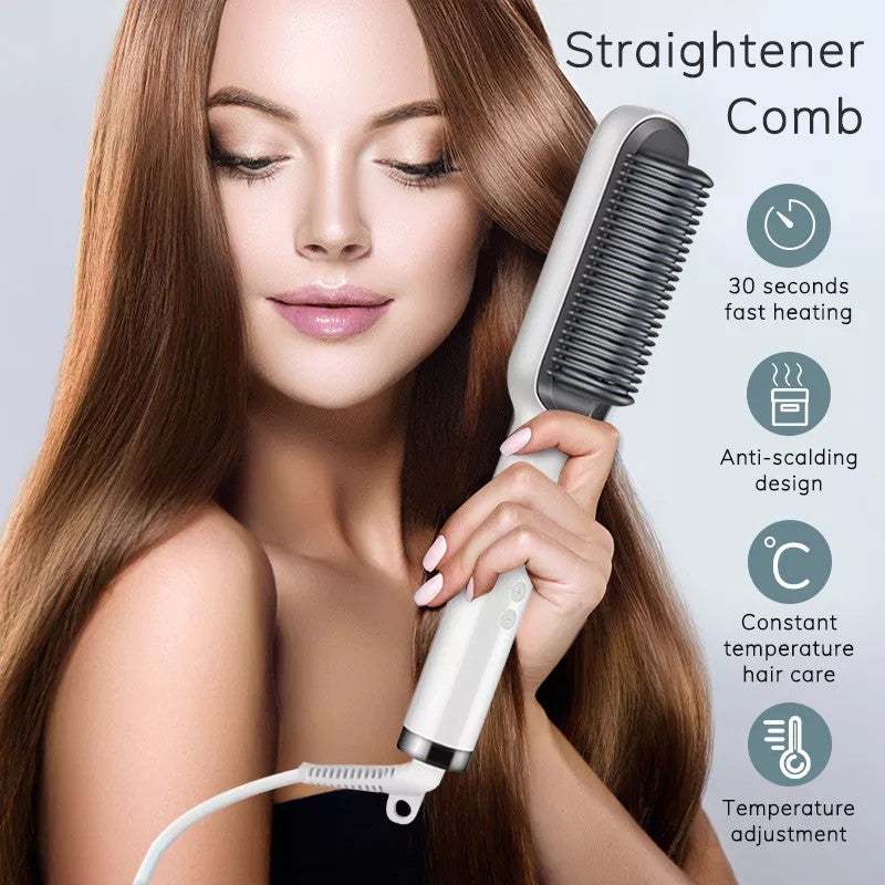 2 in 1 Electric Hair Straightener Curler Heating Styling Comb Straightening Brush, Electric Hair Straightener Brush 909, Fast Heating Ceramic Hair Styling Brush for Women & Men, Sleek & Shiny Hair