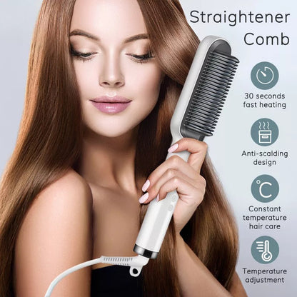 2 in 1 Electric Hair Straightener Curler Heating Styling Comb Straightening Brush, Electric Hair Straightener Brush 909, Fast Heating Ceramic Hair Styling Brush for Women & Men, Sleek & Shiny Hair
