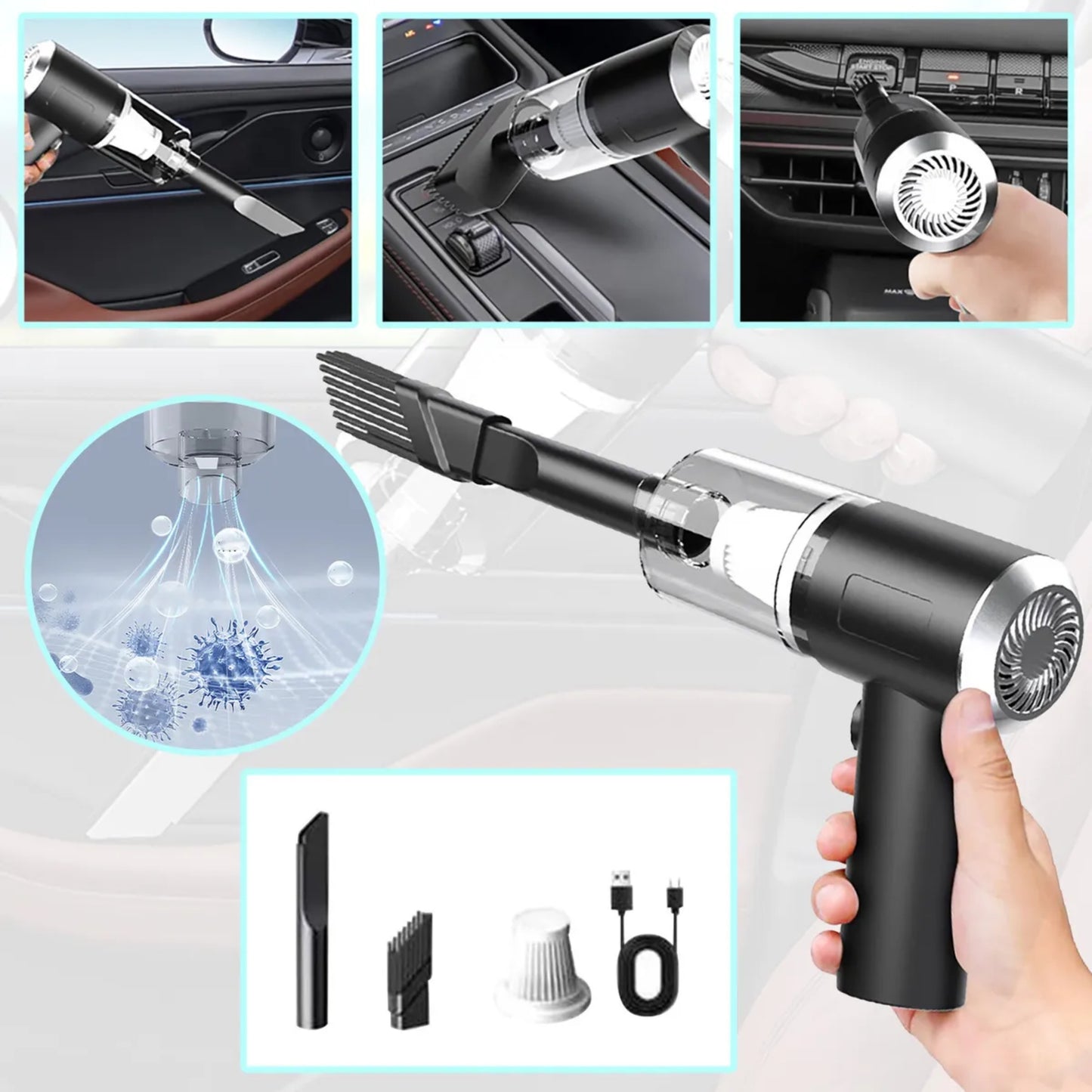 3-in-1 Cordless Handheld Vacuum Cleaner | Rechargeable Wet & Dry Portable Mini Cleaner with LED Light | Powerful Suction for Car, Sofa, Carpet, Home & Office Cleaning